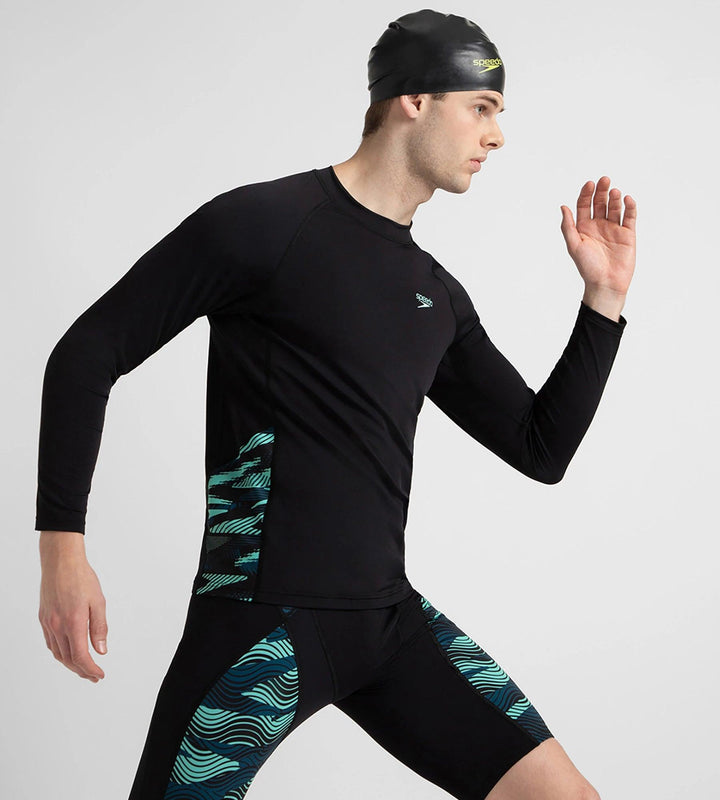 Men's Endurance+ Long Sleeve Splice Print Rashtop - Black, Dark Teal & Arctic Glass