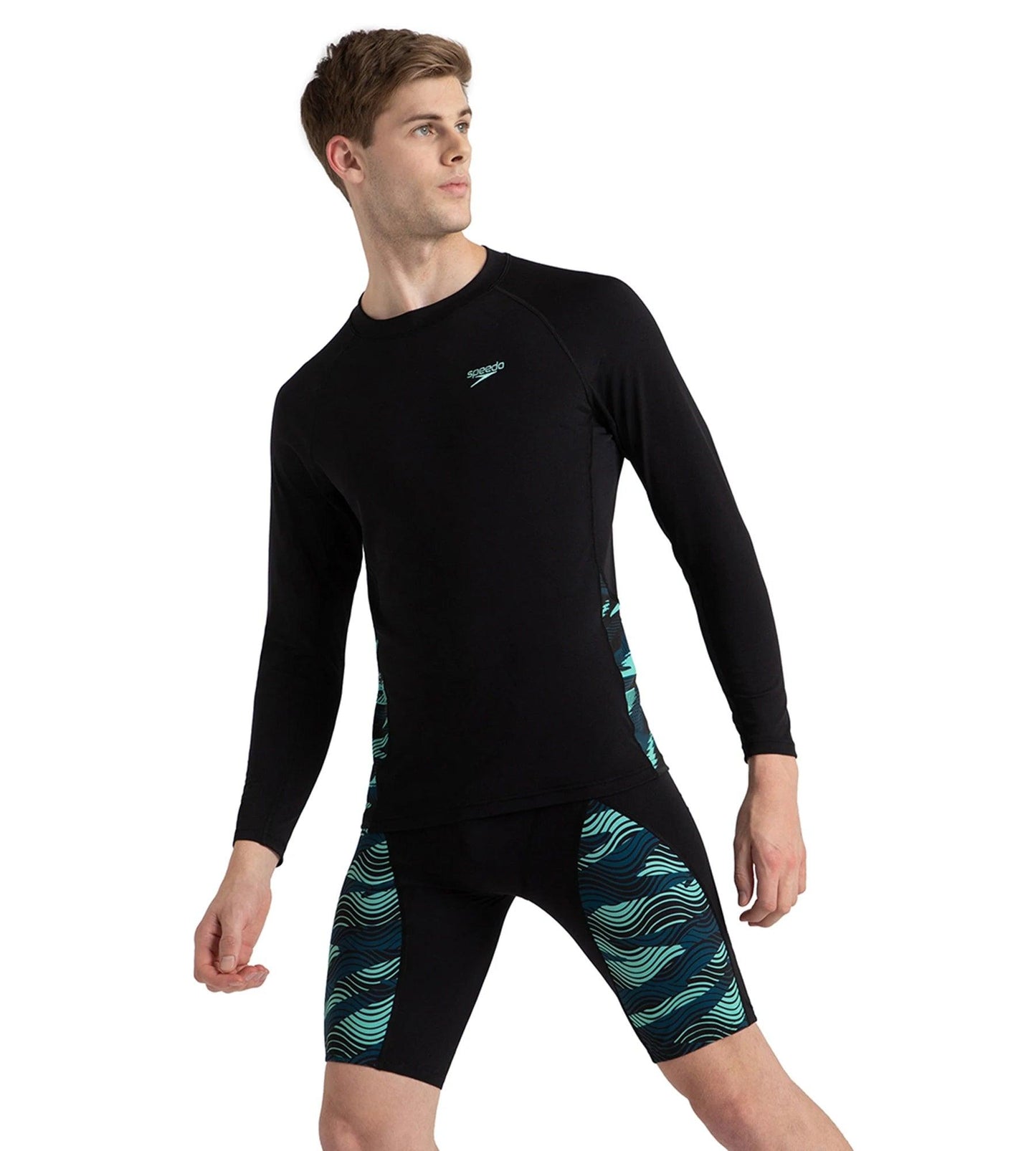 Men's Endurance+ Long Sleeve Splice Print Rashtop - Black, Dark Teal & Arctic Glass