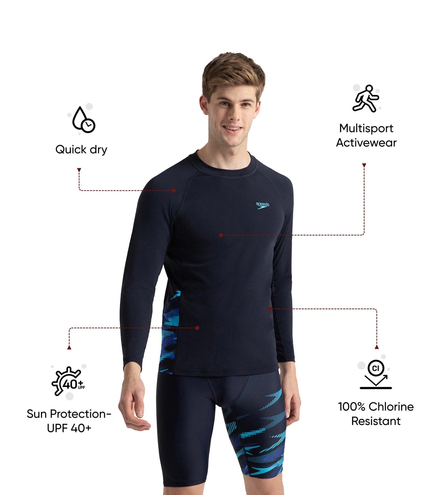 Men's Endurance+ Long Sleeve Splice Print Rashtop - True Navy, Cobalt Pop & Picton Blue