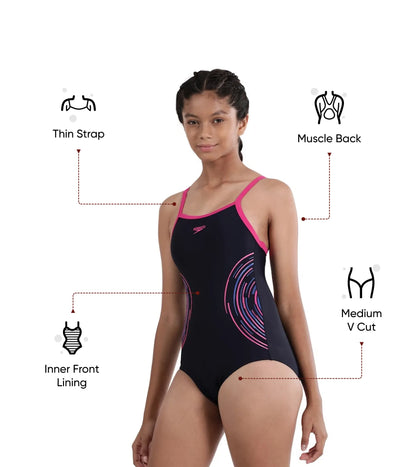 Girl's Endurance 10 Thinstrap Muscleback Printed One Piece V-Cut Swimsuit - True Navy & Electric Pink