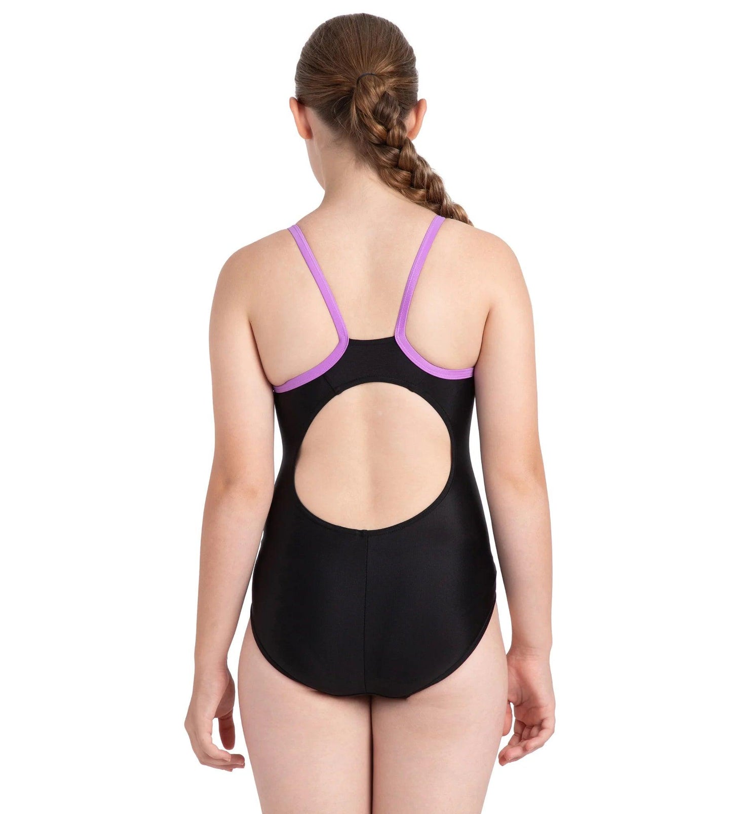 Girl's Recycled Endurance 10 Thinstrap Muscleback Printed One Piece V-Cut Swimsuit - Black & Sweet Purple