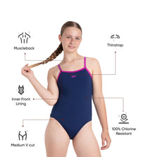 Girl's Endurance+ Thinstrap Muscleback V-Cut One Piece Swimsuit - Cerulean Blue & Diva