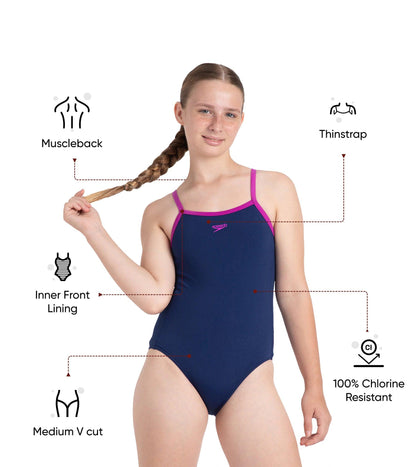 Girl's Endurance+ Thinstrap Muscleback V-Cut One Piece Swimsuit - Cerulean Blue & Diva