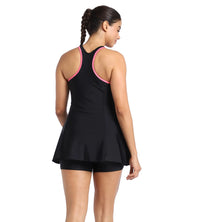 Women's Endurance Racerback Swimdress With Boyleg - Black  &  Fandango Pink_4