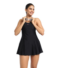 Women's Endurance Racerback Swimdress With Boyleg - Black  &  Fandango Pink_2