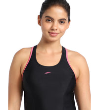 Women's Endurance Racerback Swimdress With Boyleg - Black  &  Fandango Pink_5