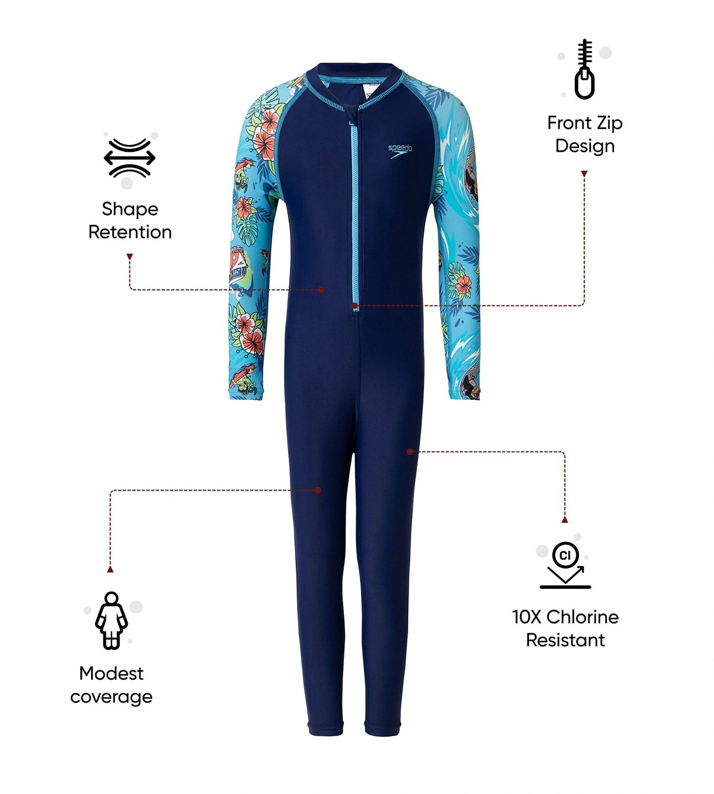 Boy's Endurance10 Sleeve Print All In One Suit - Harmony, Picton Blue & Bright White