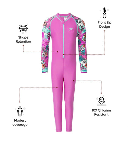 Girl's Endura Brite Block Printed All In One Full Body Suit - Neon Violet, Diva & Arctic Glass