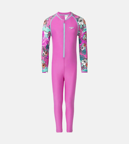 Girl's Endura Brite Block Printed All In One Full Body Suit - Neon Violet, Diva & Arctic Glass