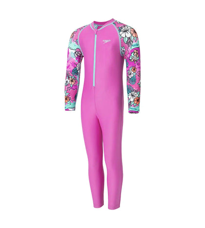 Girl's Endura Brite Block Printed All In One Full Body Suit - Neon Violet, Diva & Arctic Glass