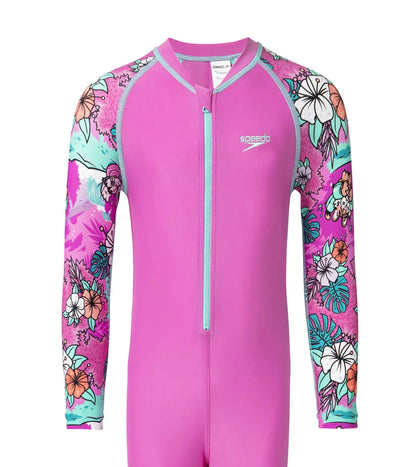 Girl's Endura Brite Block Printed All In One Full Body Suit - Neon Violet, Diva & Arctic Glass