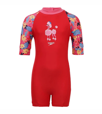Girls Endurance 10 Essential All In One Suit For Tots (Age Range 2-8 Years) - Risk Red & Summer Yellow