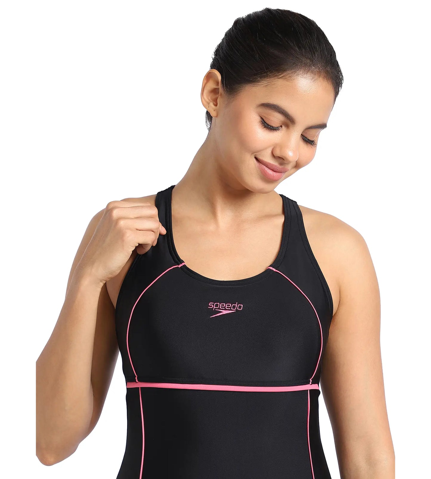 Women's Endurance Classic Racerback Legsuit Swimwear  - Black  &  Fandango Pink_4