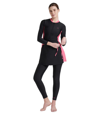 Women's Endurance 10 Two Piece Full Body Suit Swimwear - Black & Fandango Pink