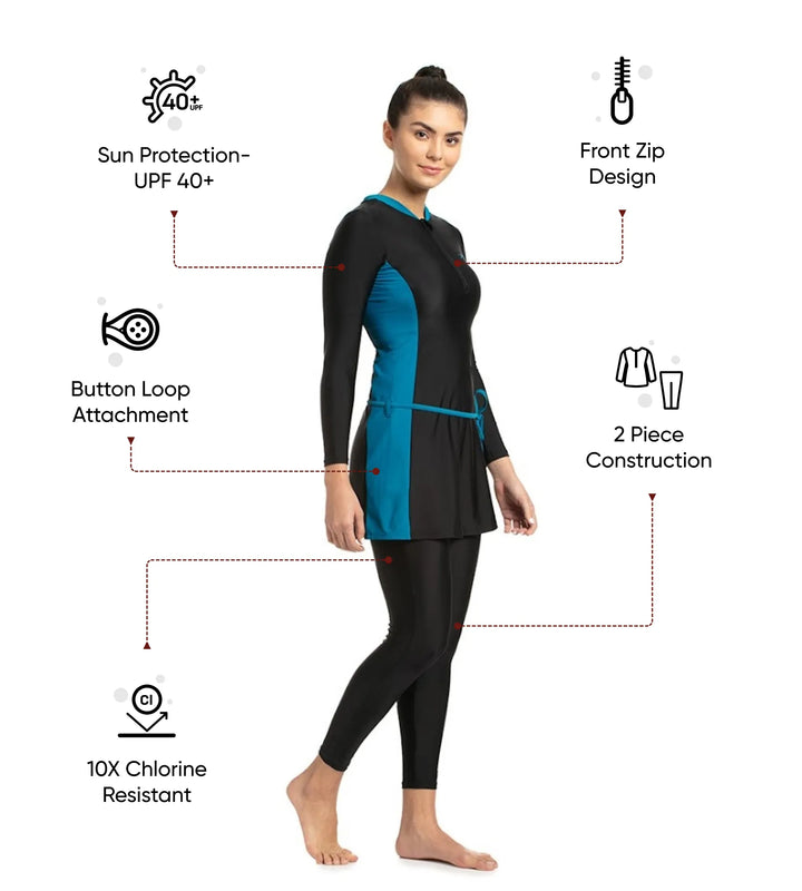 Women's Endurance 10 Two Piece Full Body Suit Swimwear - Black & Nordic Teal