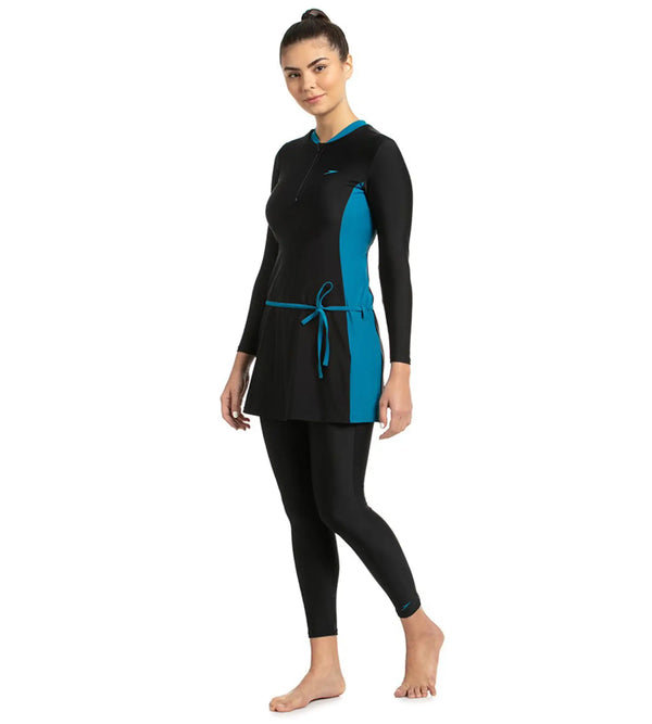 Women's Endurance 10 Two Piece Full Body Suit Swimwear - Black & Nordic Teal_2