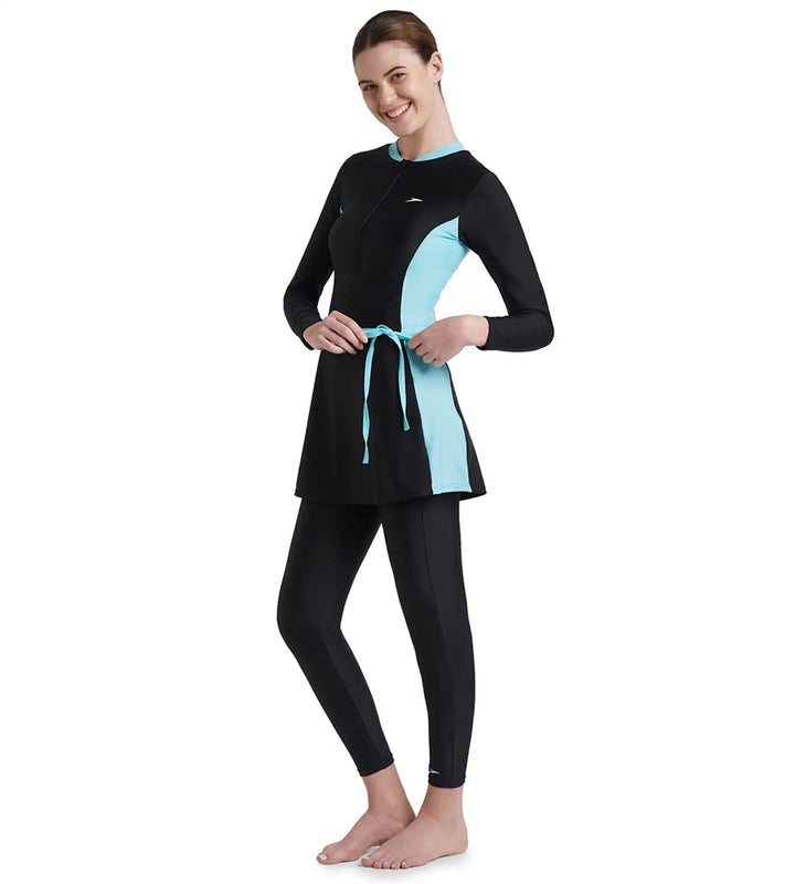 Women's Endurance 10 Two Piece Full Body Suit Swimwear - Black & Marine Blue