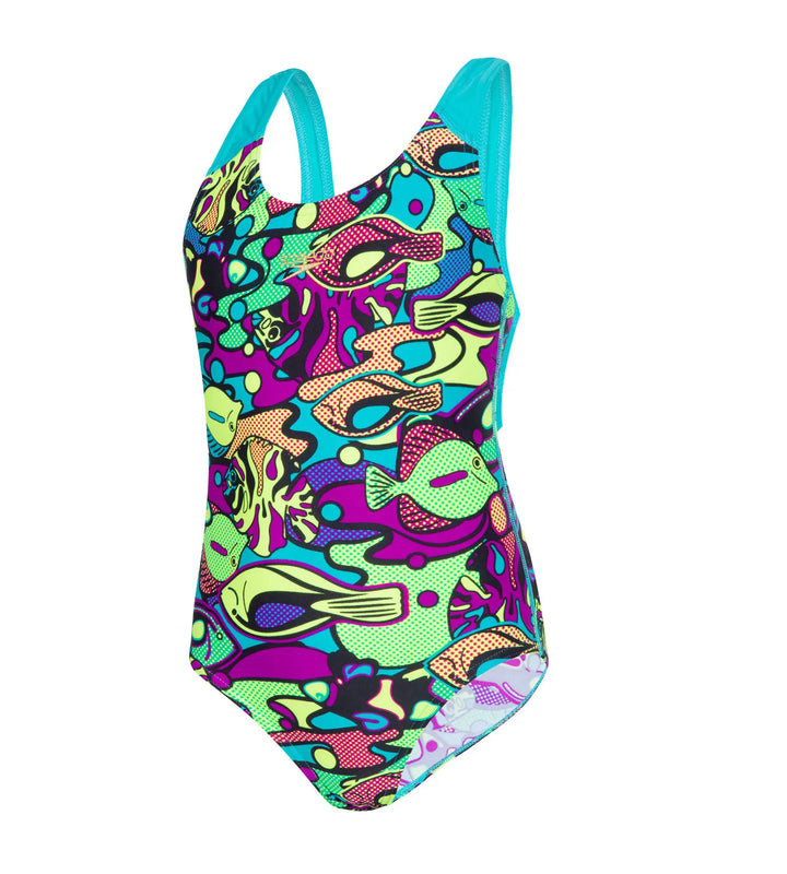 Girls Endurance 10 Bubble Fish Print Splashback V-Cut Swimsuit - Black & Bali Blue