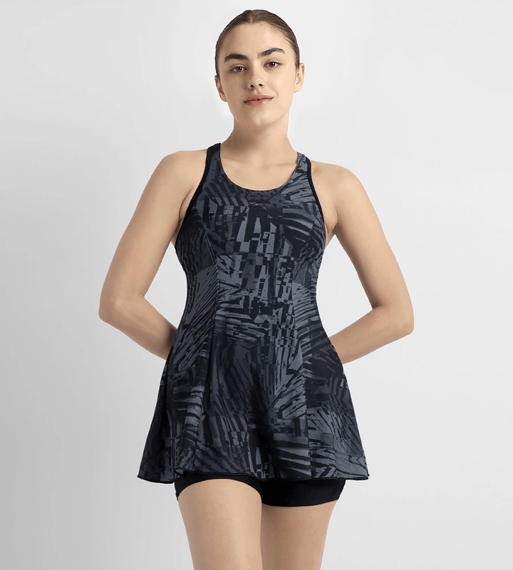 Women's Endurance10 Printed Racerback Swimdress With Boyleg - Anthracite, Grey Lead & Black