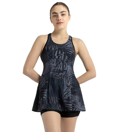 Women's Endurance10 Printed Racerback Swimdress With Boyleg - Anthracite, Grey Lead & Black