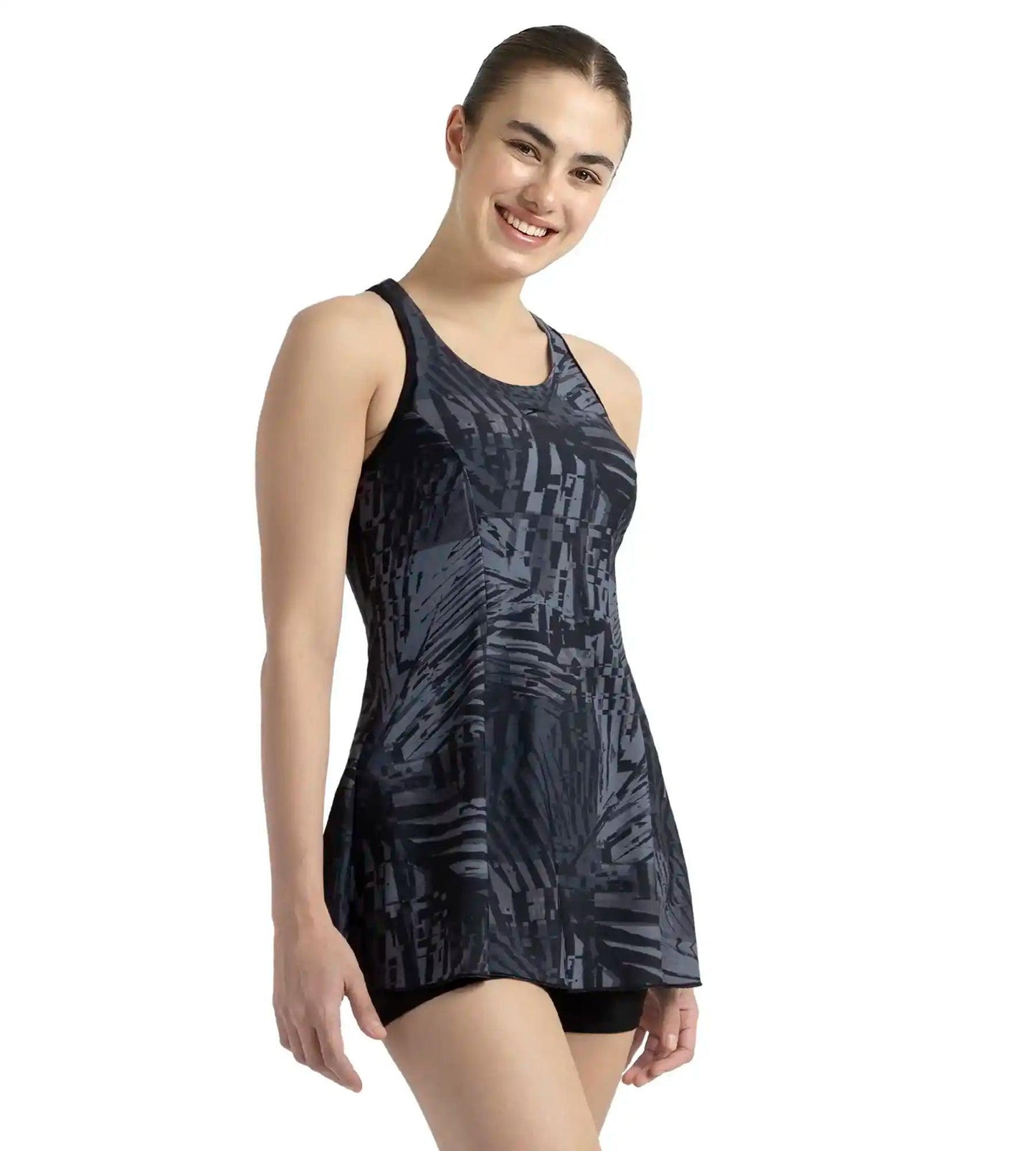 Women's Endurance10 Printed Racerback Swimdress With Boyleg - Anthracite, Grey Lead & Black