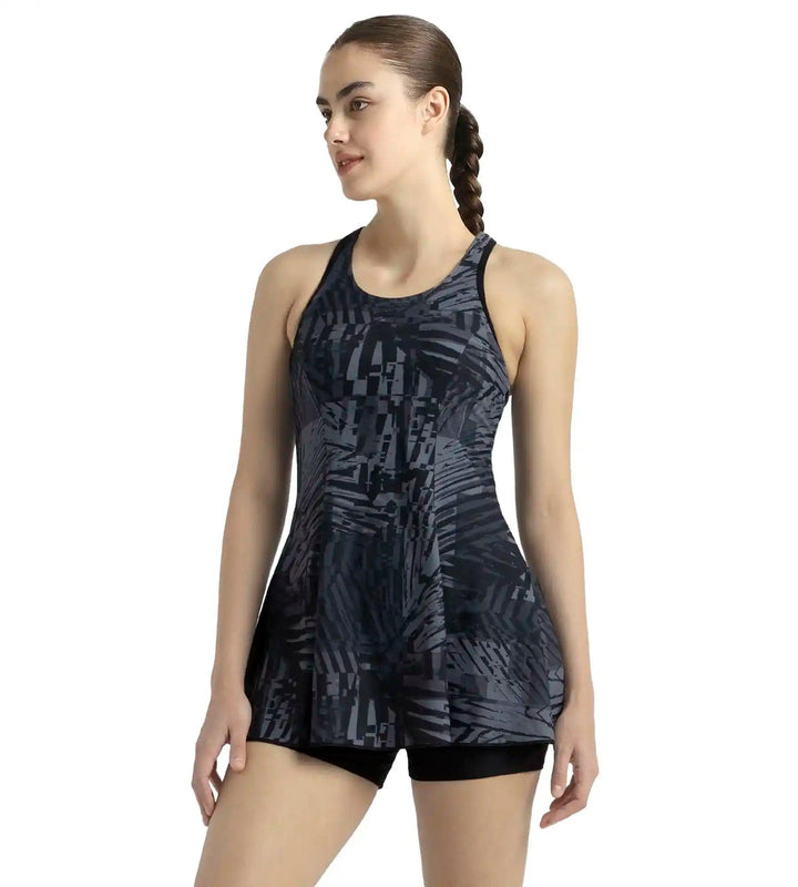 Women's Endurance10 Printed Racerback Swimdress With Boyleg - Anthracite, Grey Lead & Black