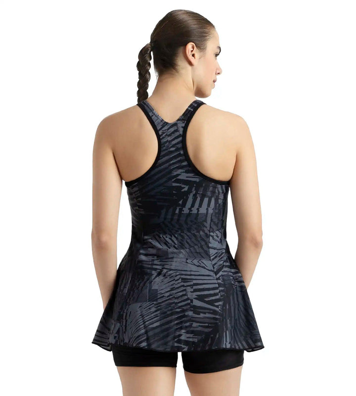 Women's Endurance10 Printed Racerback Swimdress With Boyleg - Anthracite, Grey Lead & Black