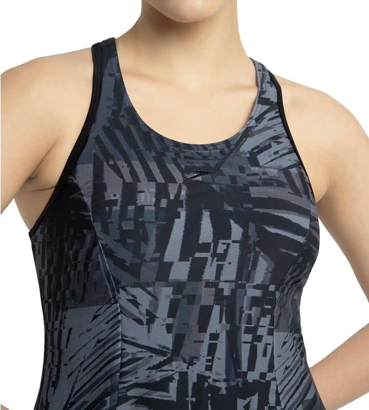 Women's Endurance10 Printed Racerback Swimdress With Boyleg - Anthracite, Grey Lead & Black