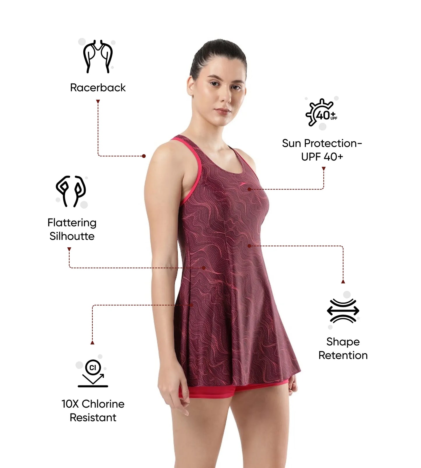 Women's Endurance Printed Racerback Swimdress With Boyleg - Deep Plum & Cherry