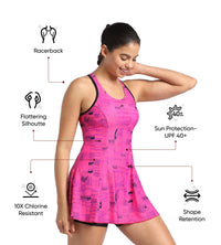 Women's Endurance 10 Printed Racerback Swimdress With Boyleg - Black & Wineberry