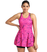 Women's Endurance Printed Racerback Swimdress With Boyleg - Black & Wineberry_1