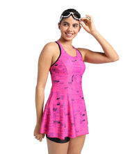 Women's Endurance Printed Racerback Swimdress With Boyleg - Black & Wineberry_3