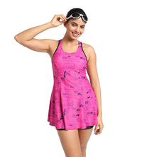 Women's Endurance Printed Racerback Swimdress With Boyleg - Black & Wineberry_6