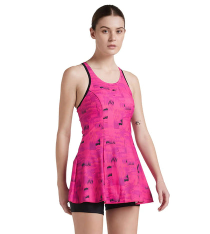 Women's Endurance 10 Printed Racerback Swimdress With Boyleg - Black & Wineberry