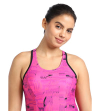 Women's Endurance Printed Racerback Swimdress With Boyleg - Black & Wineberry_5