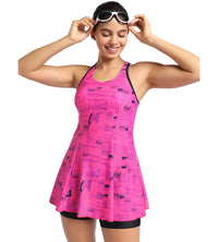 Women's Endurance Printed Racerback Swimdress With Boyleg - Black & Wineberry_2