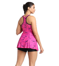 Women's Endurance Printed Racerback Swimdress With Boyleg - Black & Wineberry_4