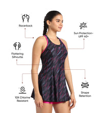 Women's Endurance 10 Hyperboom Printed Racerback Swimdress With Boyleg - Black & Electric Pink