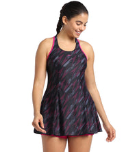 Women's Endurance Hyperboom Printed Racerback Swimdress With Boyleg - Black  &  Electric Pink_1