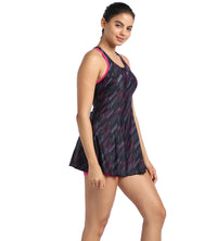 Women's Endurance Hyperboom Printed Racerback Swimdress With Boyleg - Black  &  Electric Pink_3