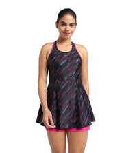 Women's Endurance Hyperboom Printed Racerback Swimdress With Boyleg - Black  &  Electric Pink_6