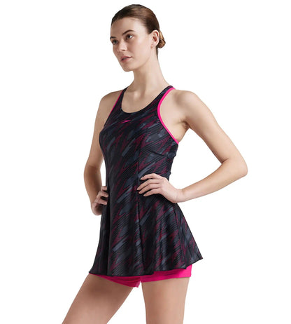 Women's Endurance 10 Hyperboom Printed Racerback Swimdress With Boyleg - Black & Electric Pink