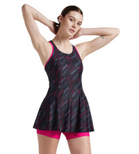 Women's Endurance 10 Hyperboom Printed Racerback Swimdress With Boyleg - Black & Electric Pink