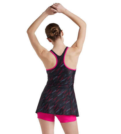 Women's Endurance 10 Hyperboom Printed Racerback Swimdress With Boyleg - Black & Electric Pink