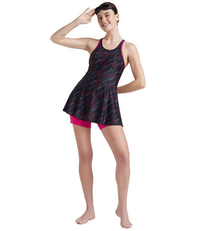 Women's Endurance 10 Hyperboom Printed Racerback Swimdress With Boyleg - Black & Electric Pink