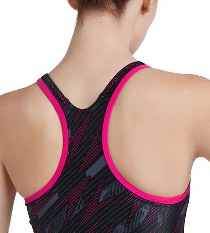 Women's Endurance 10 Hyperboom Printed Racerback Swimdress With Boyleg - Black & Electric Pink