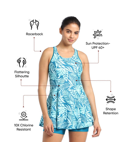 Women's Endurance 10 Racerback Printed Swimdress With Boyleg - Peacock & Marine Blue