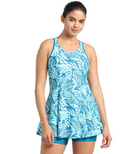 Women's Endurance Racerback Printed Swimdress With Boyleg - Peacock & Marine Blue_1