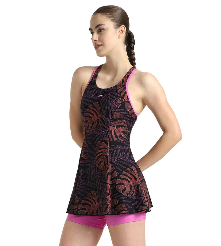 Women's Endurance10 Printed Racerback Swimdress With Boyleg - Antracite, Amber Wave & Neon Violet