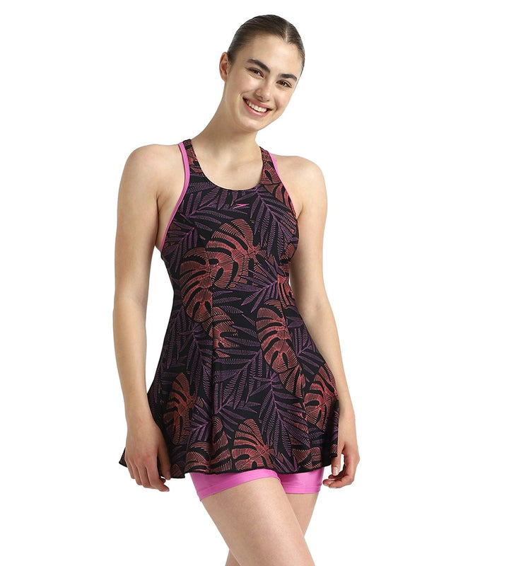 Women's Endurance10 Printed Racerback Swimdress With Boyleg - Antracite, Amber Wave & Neon Violet